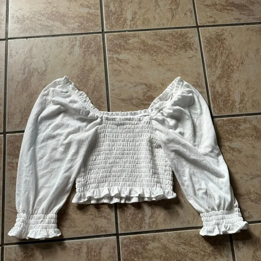 Free People Brencye Smocked Crop Top Boho White Size XSmall‎ Blouse Milkmaid